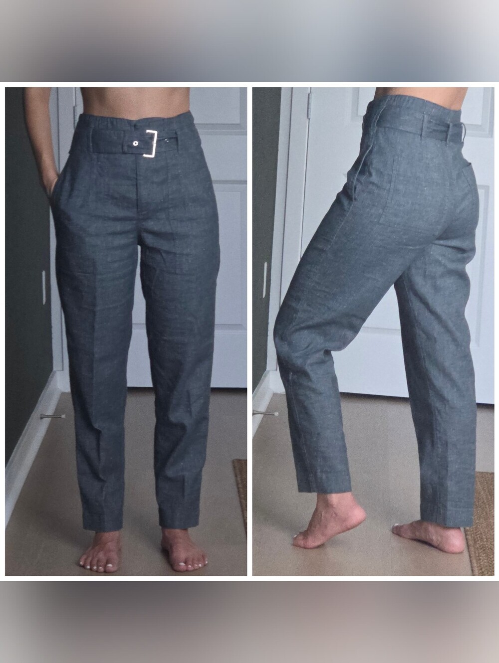 Peserico Linen Trousers, Size 40, Belted, Tapered, Grayish-Blue, Made In Italy